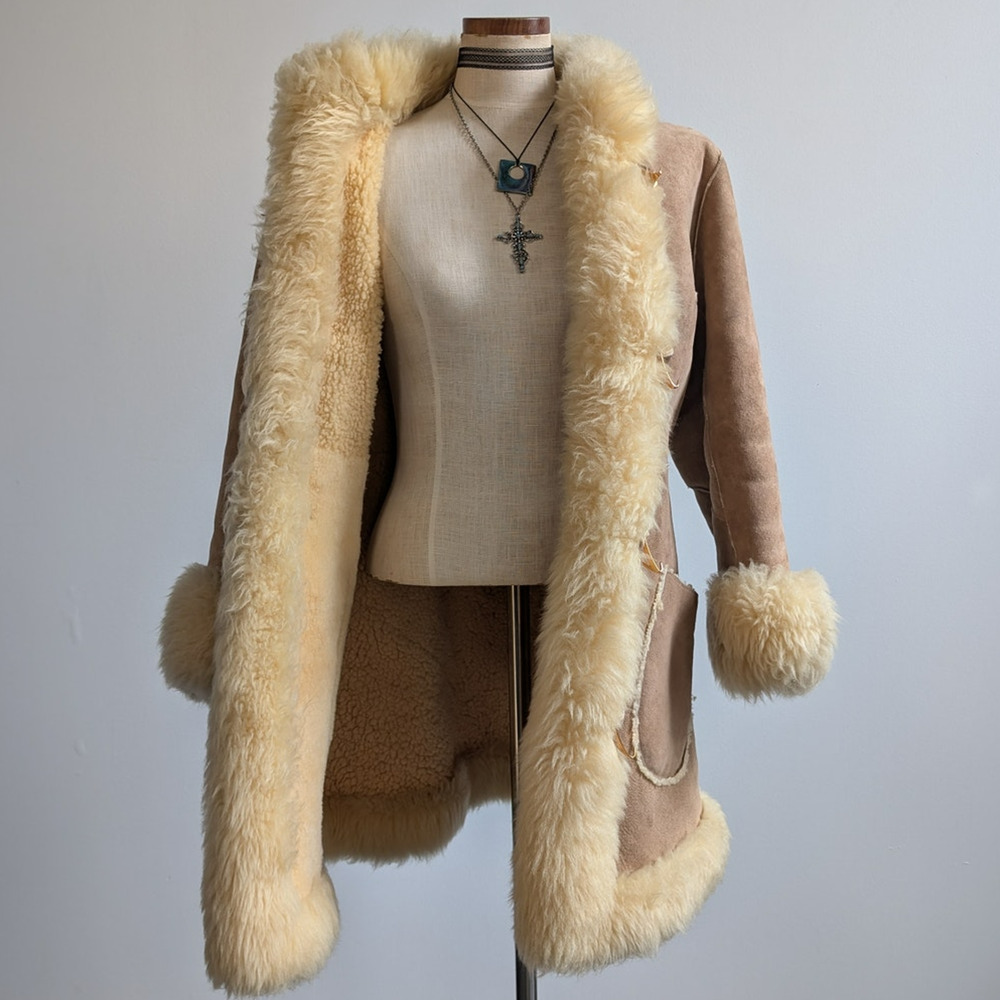 Vintage Brown Suede Fur Coat Boho Tan Leather Penny Lane Jacket Fur Trim Medium - Picture 3 of 11